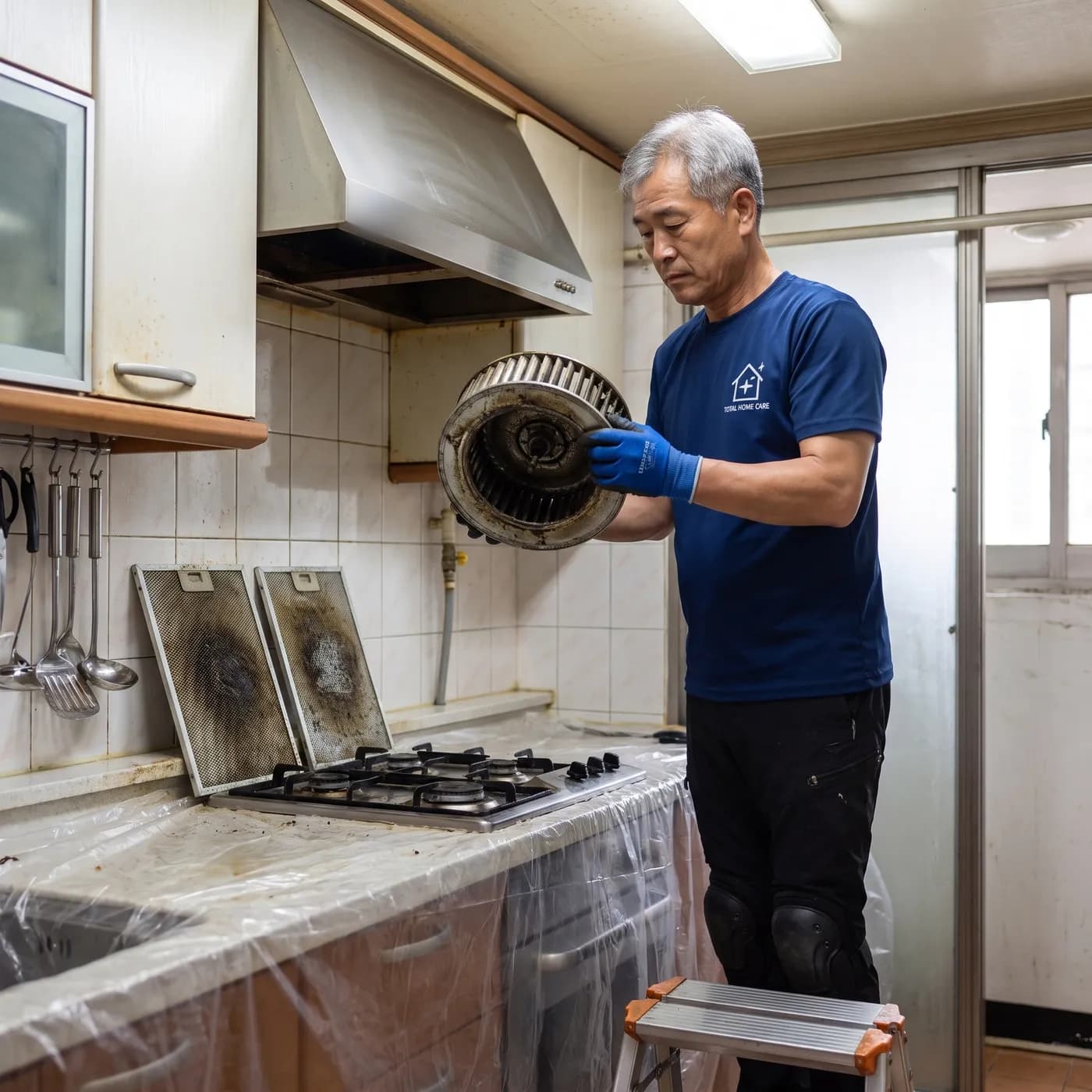 렌지후드(주방후드) 청소 작업 장면